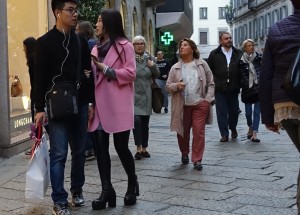 Pink wool coat seen in Milan
