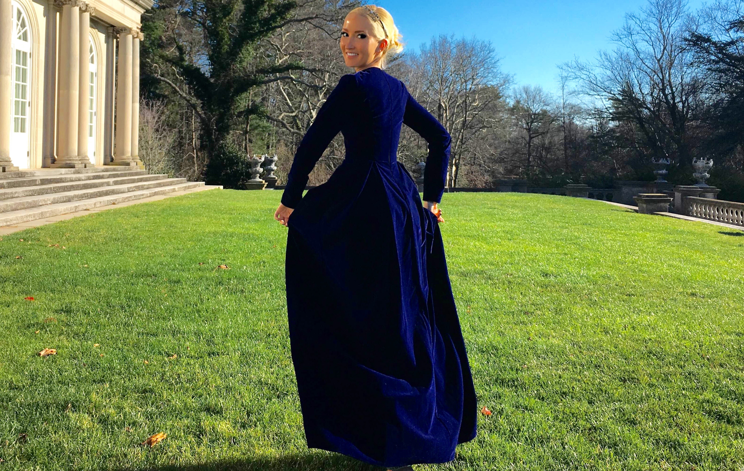 Liliya Anisimova's blue velvet maxi dress