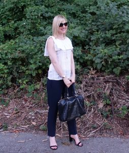 Janea's #OOTD - ruffle top, navy pants