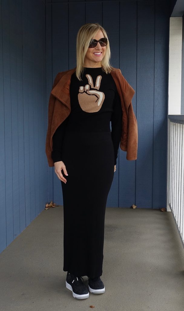 Sweater and suede jacket over maxi T-shirt dress