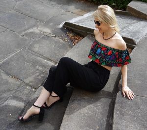 Off the shoulder crop top and cropped pants