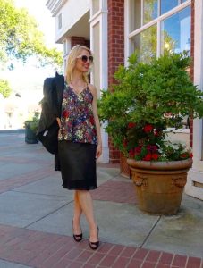 Floral tank and sheeny skirt