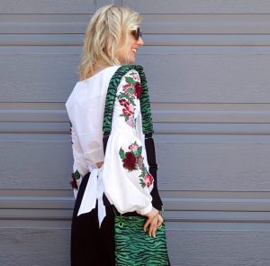 Embroidered top with zebra print bag