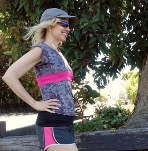 Running outfit with bright stripes