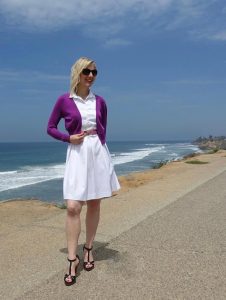 Short fuchsia sweater with my white dress